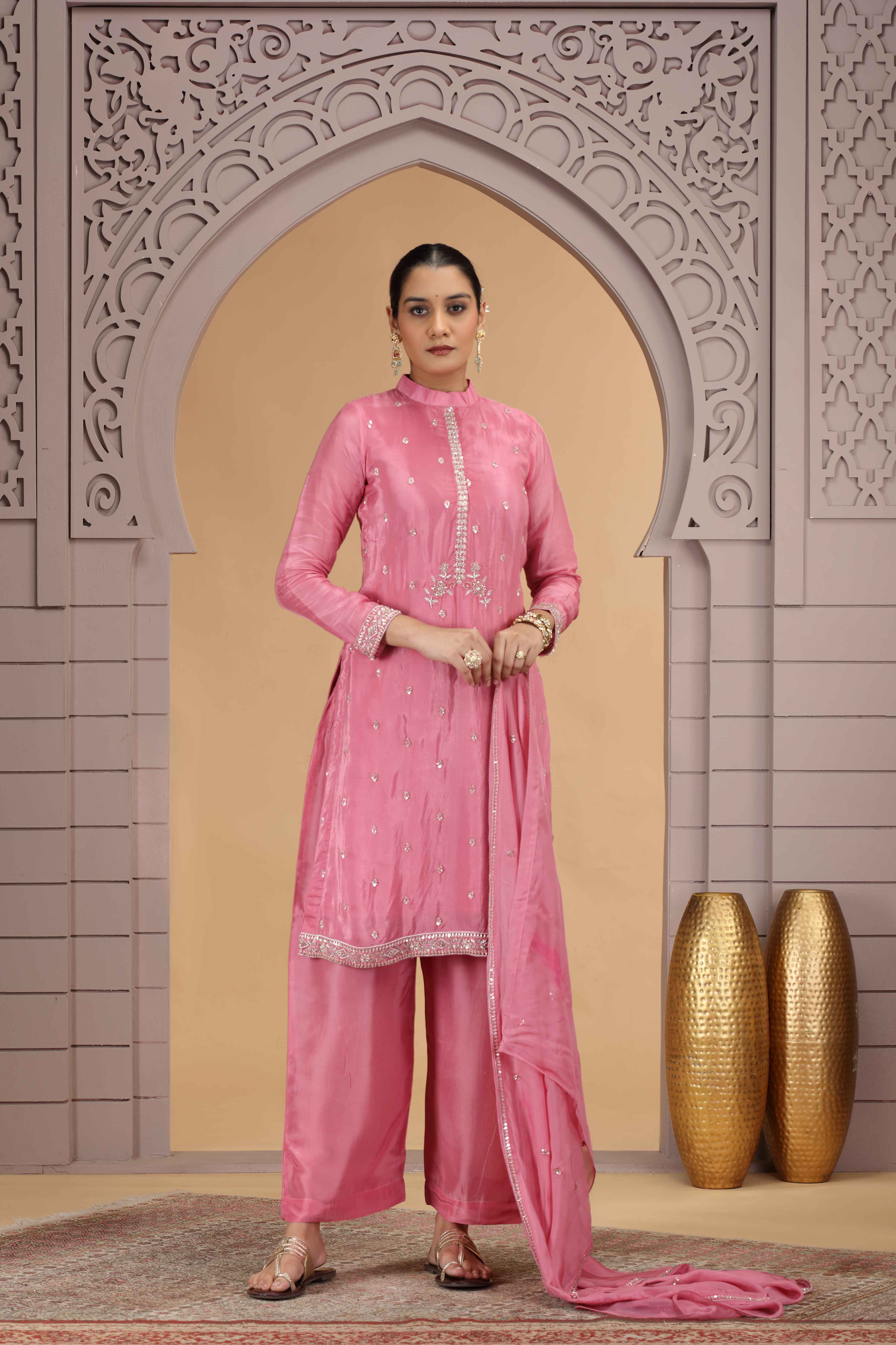 Pink Satin Silk Straight Suit with Farsi Pant & Chiffon Dupatta