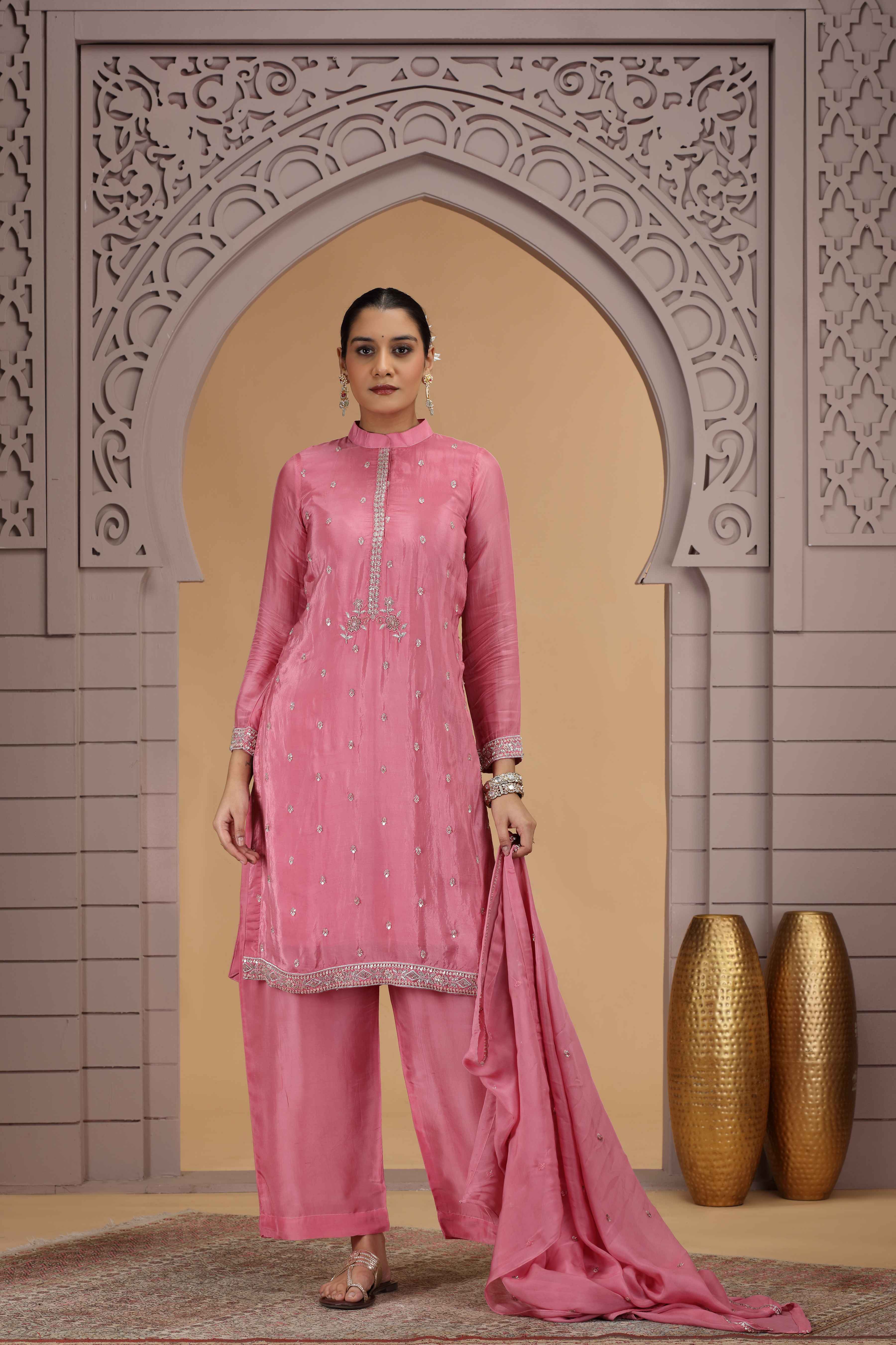 Pink Satin Silk Straight Suit with Farsi Pant & Chiffon Dupatta