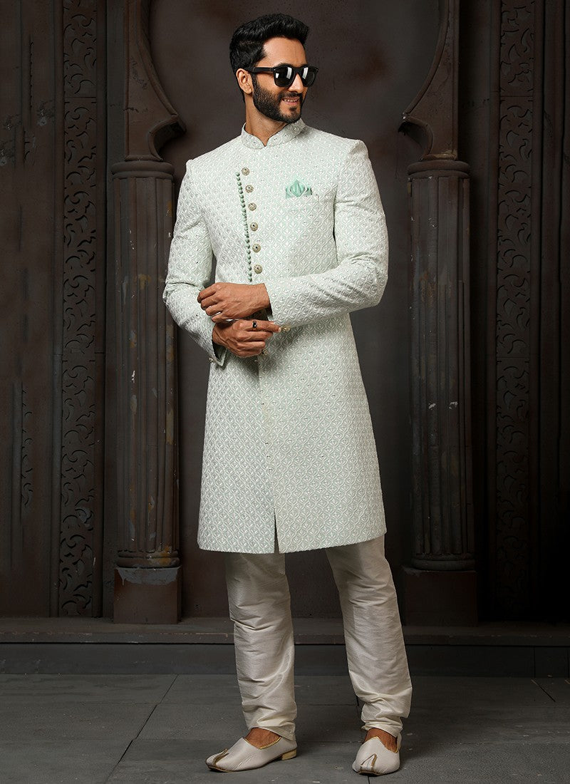 Pista Green and Cream Soumya Colour Wedding Wear Sherwani Suit D.No.1742 Anant Tex Exports Private Limited