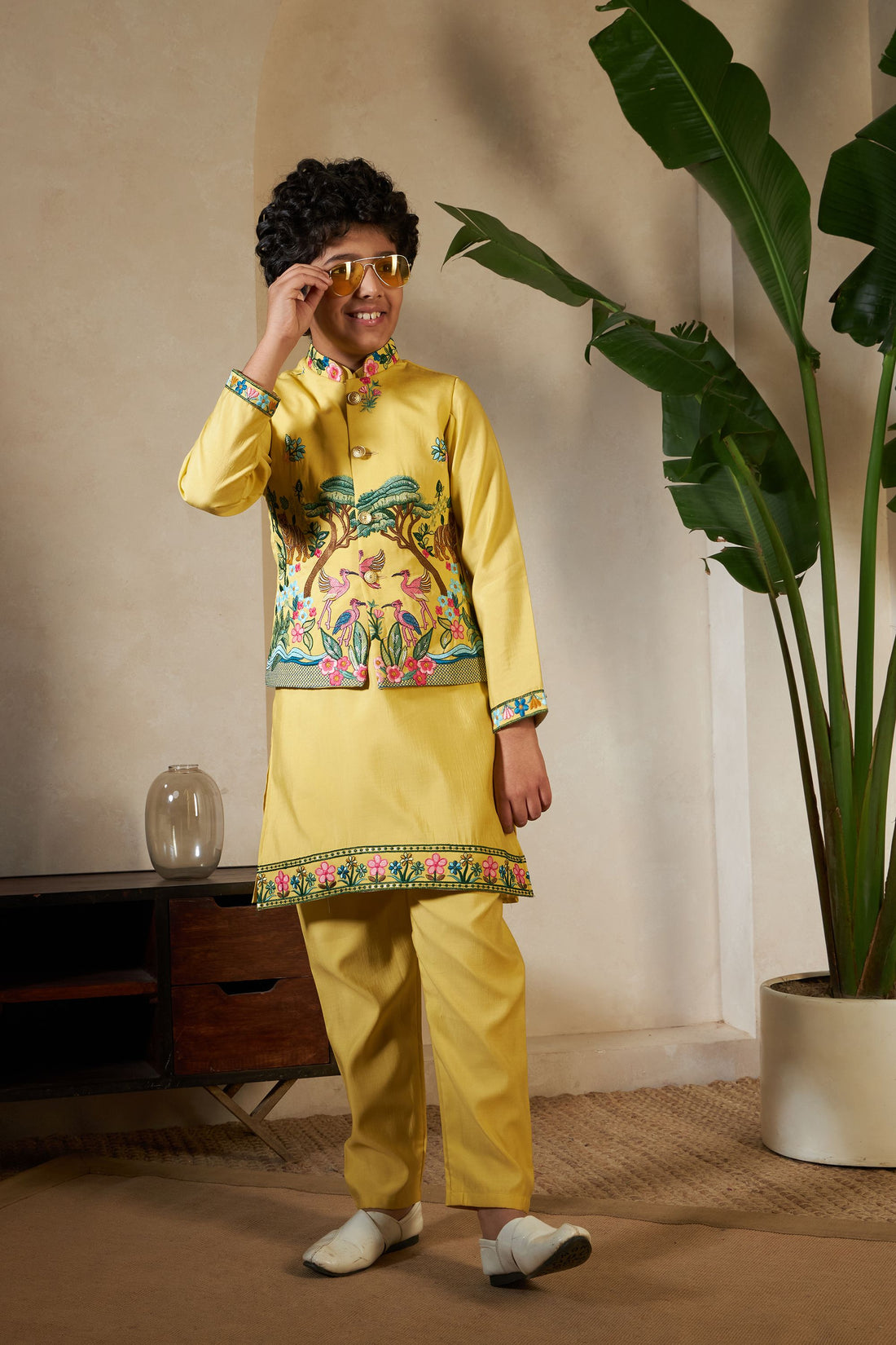 Yellow Pure Viscose Silk Silk Kids Boy Kurta Pajama With Koti Jacket 