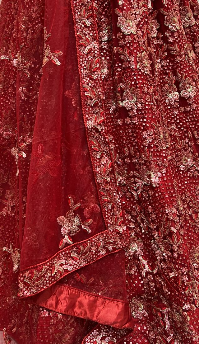 Red Pure Soft Heavy Net Sequins Embroidery Work Bridal Lehenga 