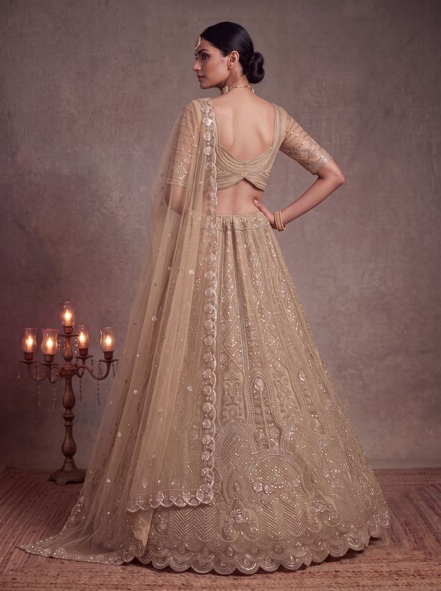 Chiku Pure Heavy Net Motif Handwork Zari Sequins Work Bridal Lehenga Choli