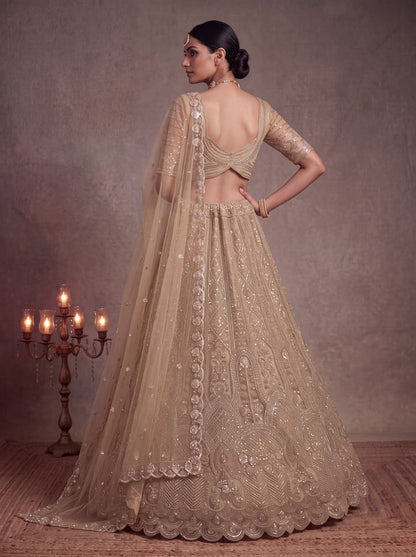 Chiku Pure Heavy Net Motif Handwork Zari Sequins Work Bridal Lehenga Choli