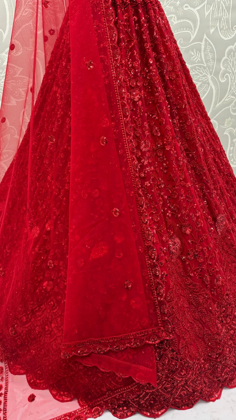 Red Pure Heavy Net Monochrome Sequins Zari Embroidery Work Net Bridal Lehenga Choli