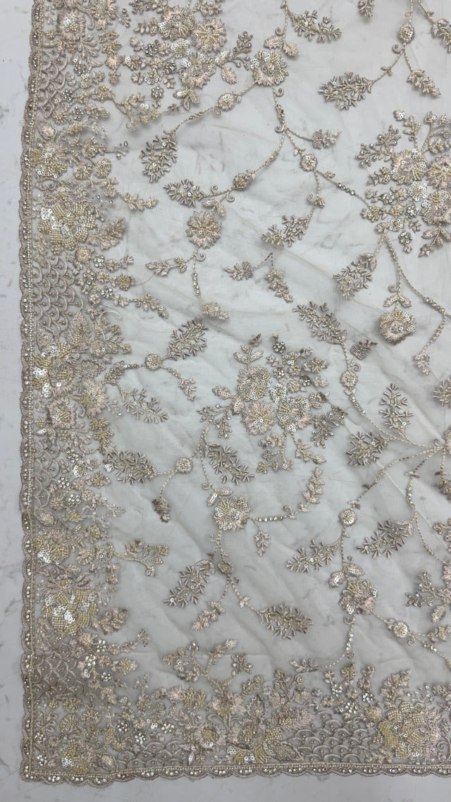 Beige Pure Premium Net Handwork Kasti &amp; Motif Zari Metallic Sequins Work Wedding Saree