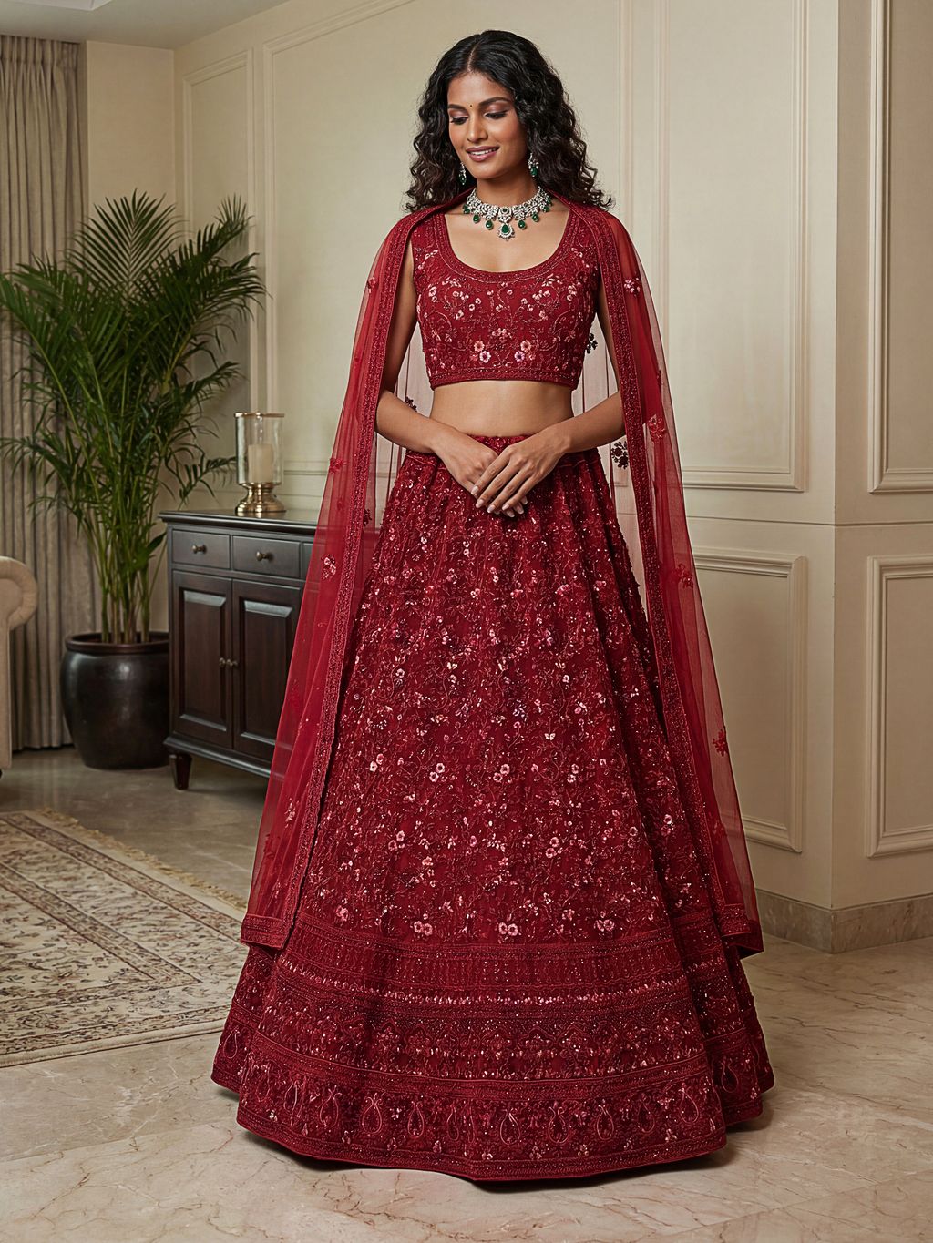 Red Pure Soft Heavy Net Sequins Embroidery Work Bridal Lehenga