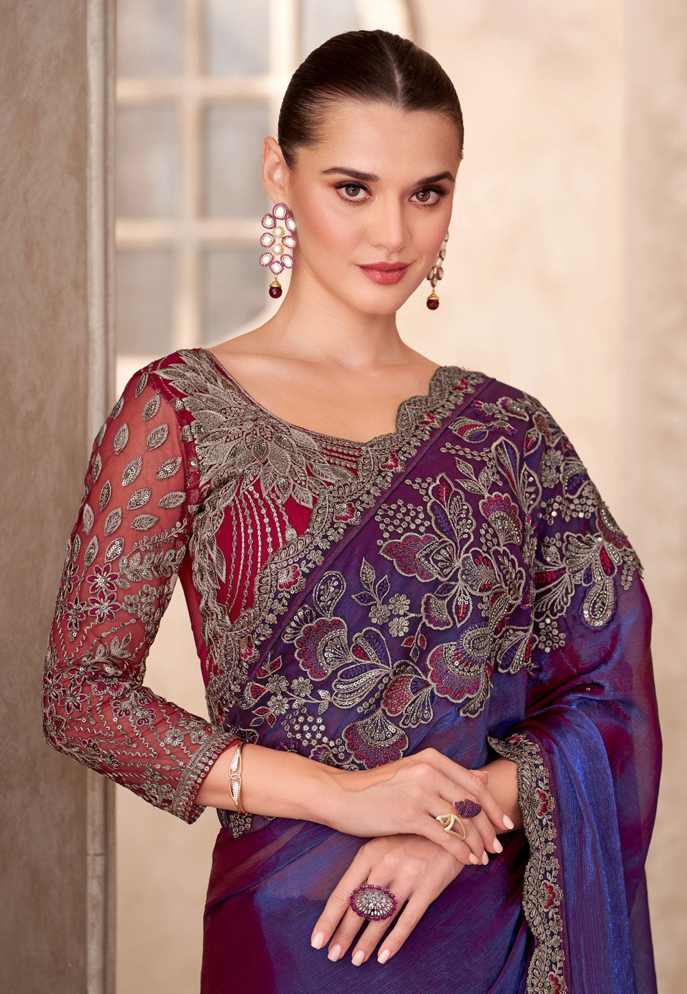 Space Purple Pure Georgette Chiffon With Embroidery Sequins Saree 
