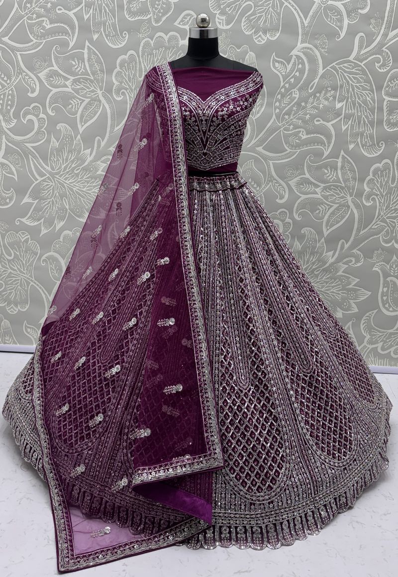 Purple Pure Soft Net Heavy Embroidery Work Bridal Lehenga