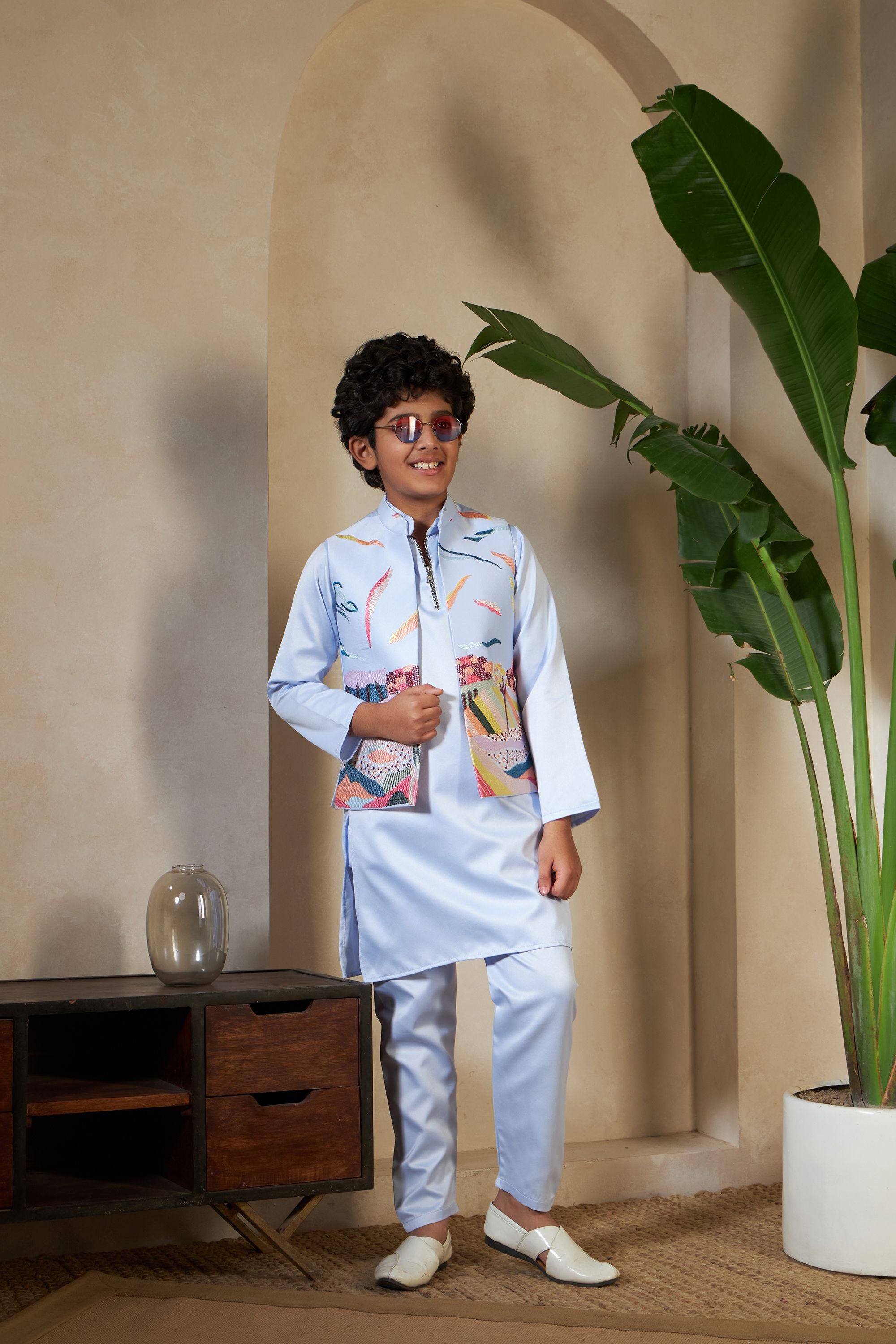 Sky Pure Satin Silk Kids Boy Kurta Pajama With Koti Jacket 