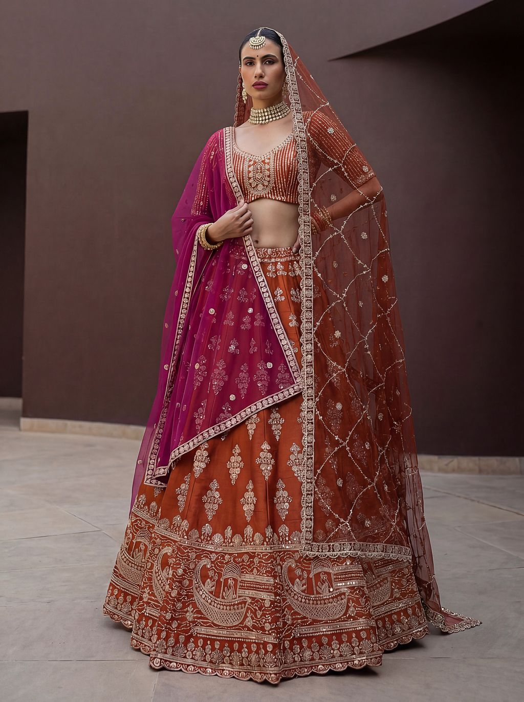 Orange Pure Soft Heavy Silk Sequins Embroidery Work Bridal Lehenga 