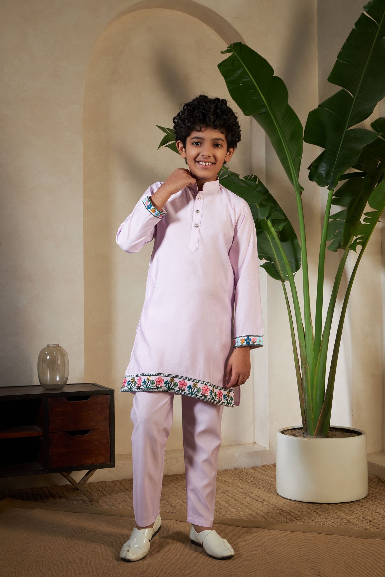 Lavender Pure Viscose Silk Silk Kids Boy Kurta Pajama With Koti Jacket 