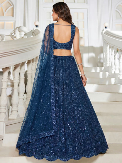 Blue Pure Soft Net Heavy Embroidery Work Bridal Lehenga 