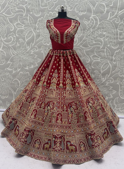 Red Pure Soft Silk Heavy Embroidery Work Bridal Lehenga 
