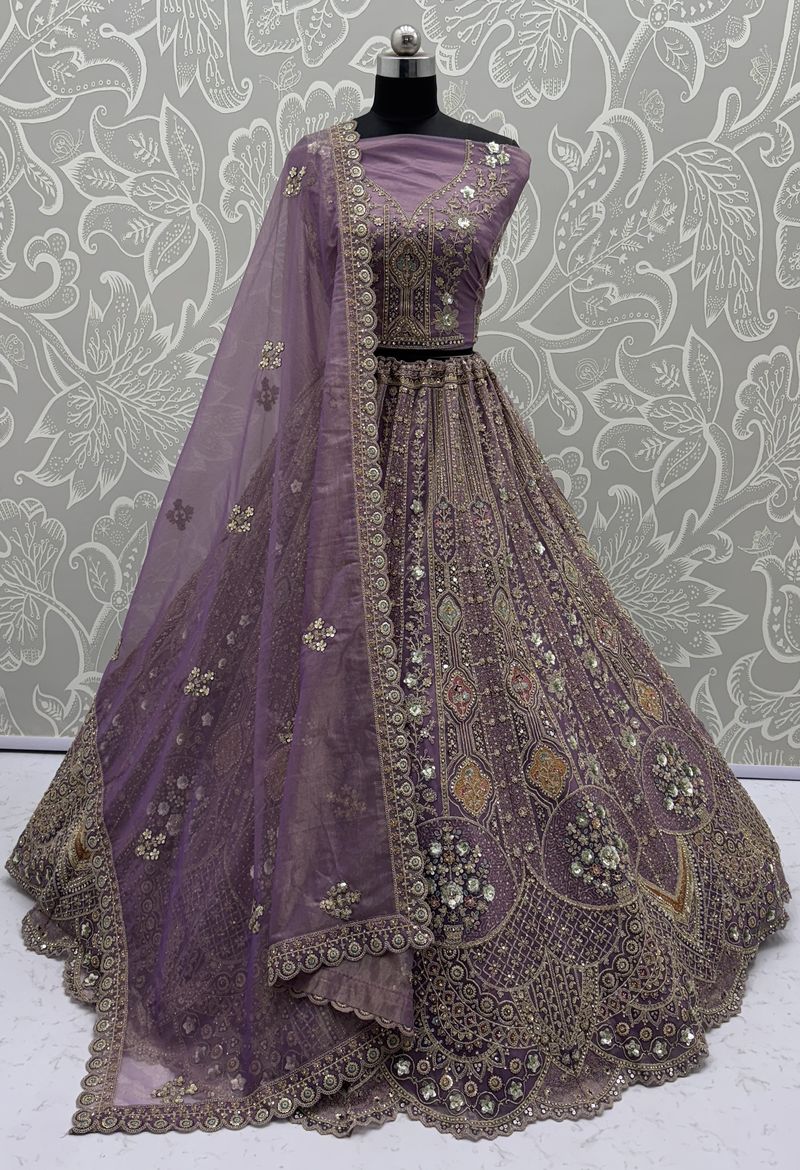 Purple Pure Soft Orgenza Sequins Work Bridal Lehenga Choli