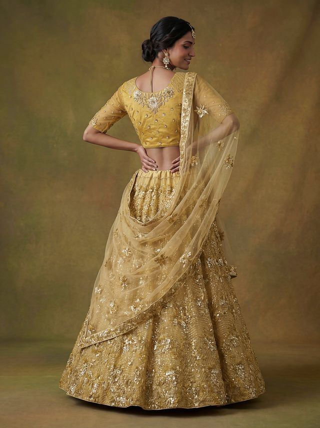 Golden Pure Soft Heavy Net Sequins Embroidery Work Bridal Lehenga Choli 