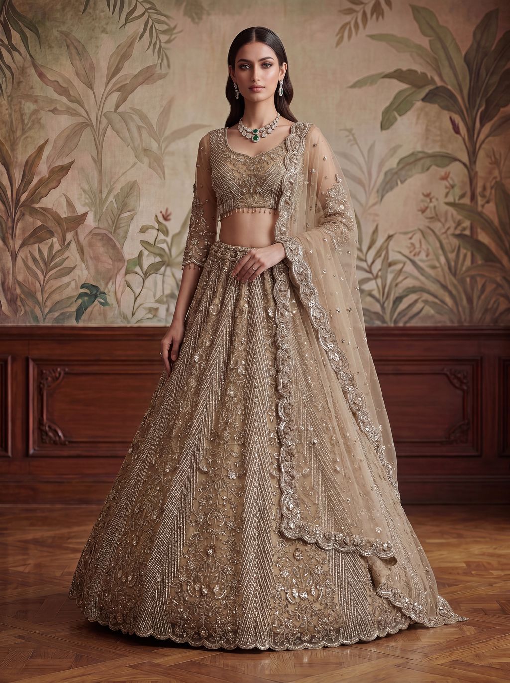 Golden Pure Soft Heavy Net Fancy Embroidery Work Bridal Lehenga Choli