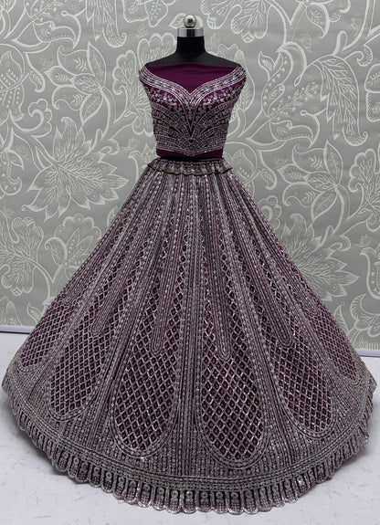 Purple Pure Soft Net Heavy Embroidery Work Bridal Lehenga