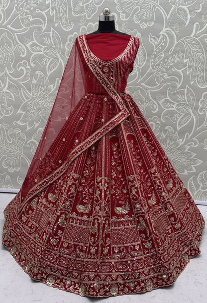 Red Pure Soft Silk Heavy Embroidery Work Bridal Lehenga 