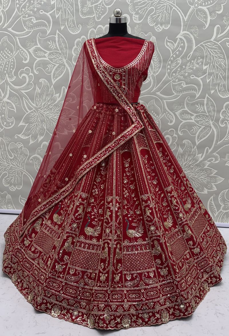 Red Pure Soft Silk Heavy Embroidery Work Bridal Lehenga
