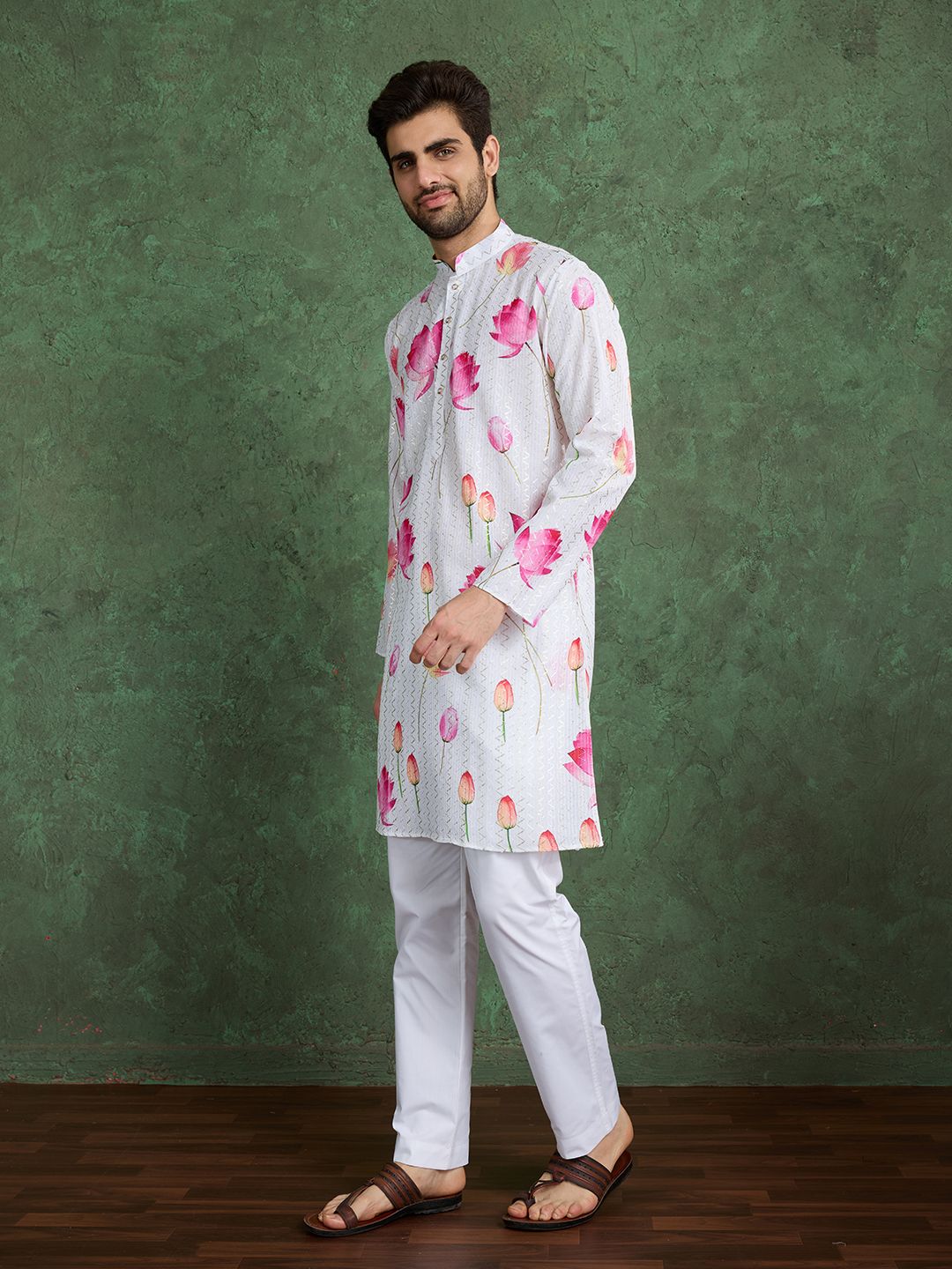 White &amp; Pink Pure Heavy Reyon Silk with Embroidery Work Printed Kurta Pajama