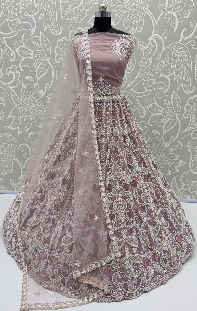 Lilac Pure Heavy Net Motif Handwork Zari Sequins Work Bridal Lehenga Choli
