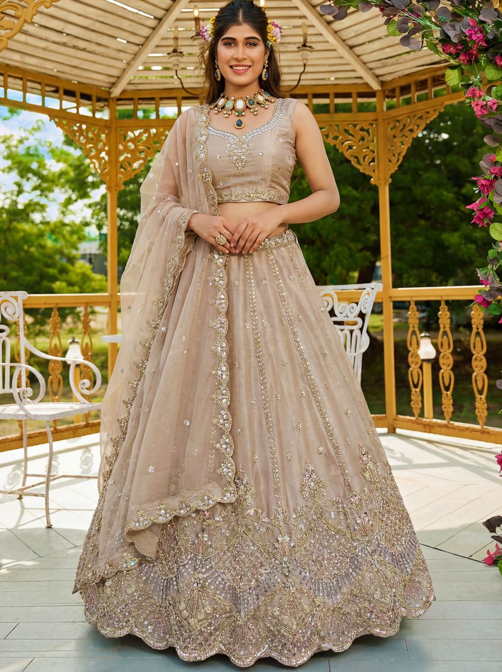 Beige Pure Soft Net Heavy Embroidery Work Bridal Lehenga