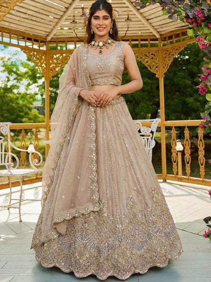 Beige Pure Soft Net Heavy Embroidery Work Bridal Lehenga