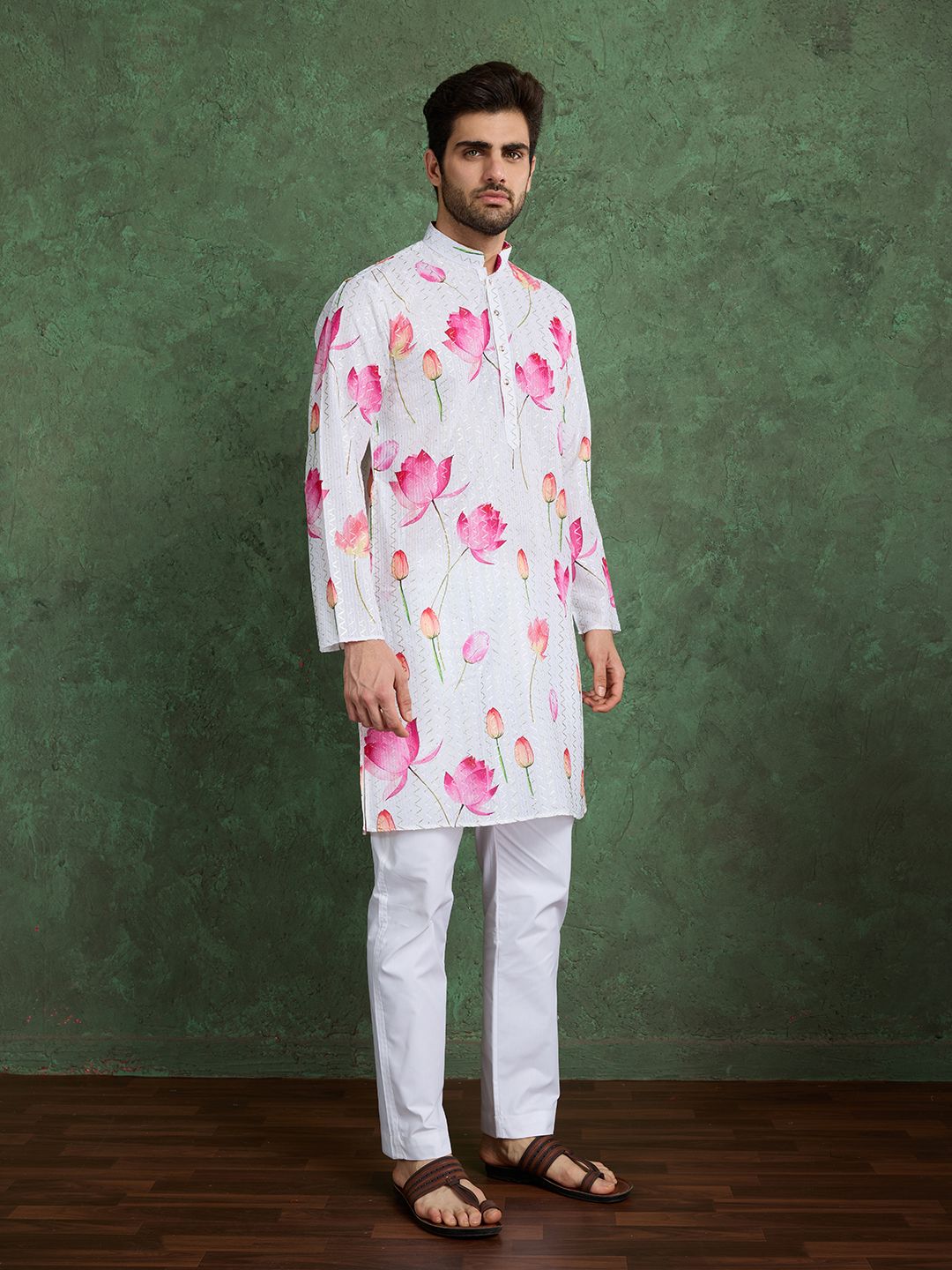 White &amp; Pink Pure Heavy Reyon Silk with Embroidery Work Printed Kurta Pajama