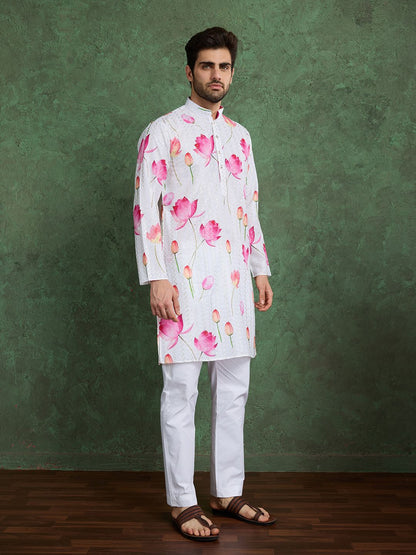 White &amp; Pink Pure Heavy Reyon Silk with Embroidery Work Printed Kurta Pajama