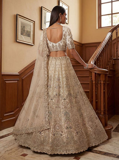 White Pure Soft Heavy Net Sequins Embroidery Work Bridal Lehenga 