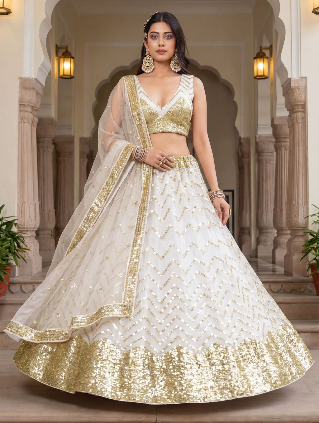 White Pure Soft Heavy Net Sequins Embroidery Work Bridal Lehenga 