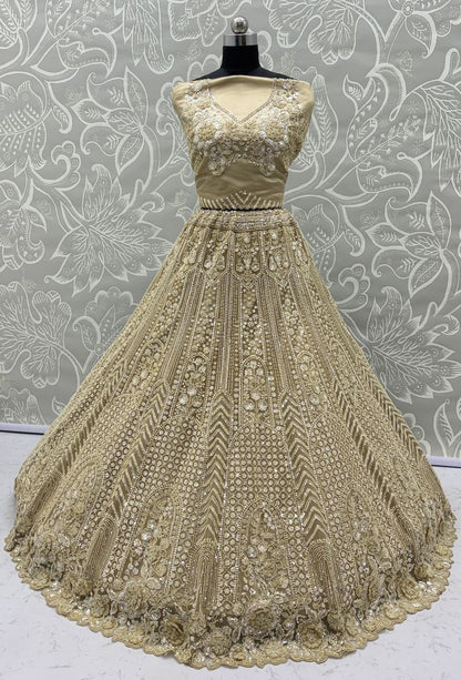 Beige Pure Soft Net Heavy Embroidery Work Bridal Lehenga 