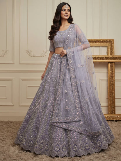 Lilac Pure Soft Heavy net Silk Heavy Embroidery Work Bridal Lehenga