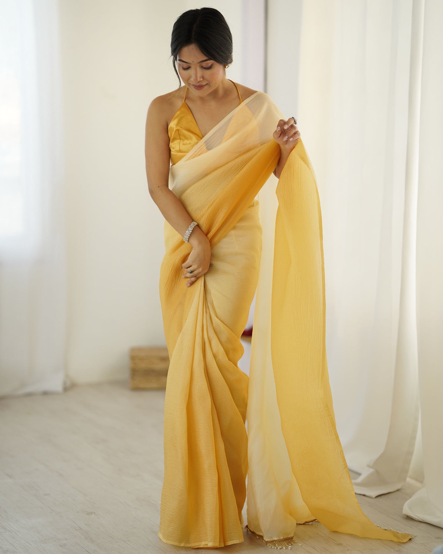 Yellow shaded Pure Soft Candy Crush Silk Ready to Wear Saree 