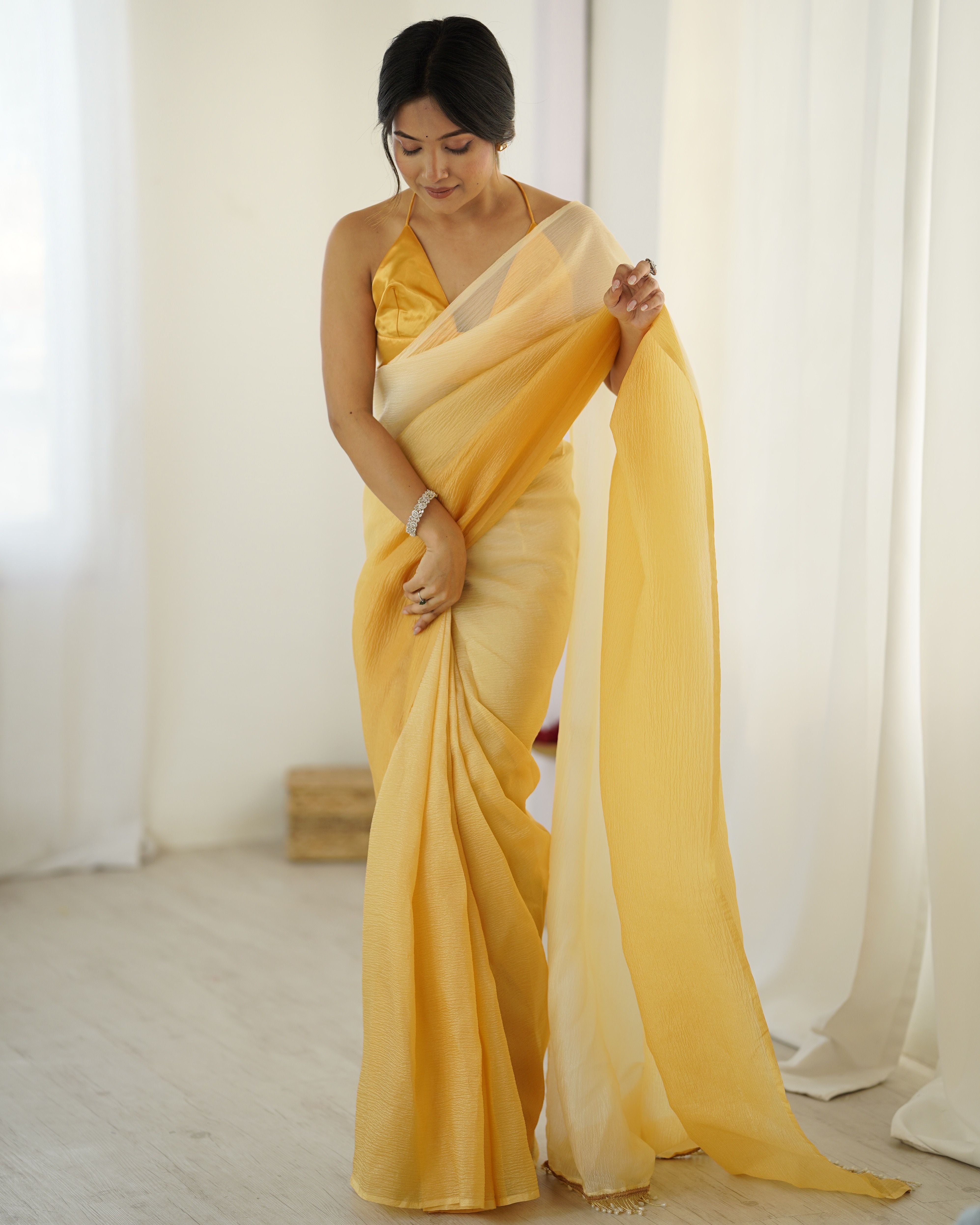 Yellow shaded Pure Soft Candy Crush Silk Ready to Wear Saree ##color## Ready to Wear Saree with premium fabric and embroidery