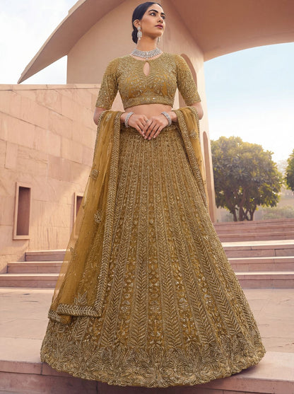 Golden Pure Soft Net Heavy Embroidery Work Bridal Lehenga 
