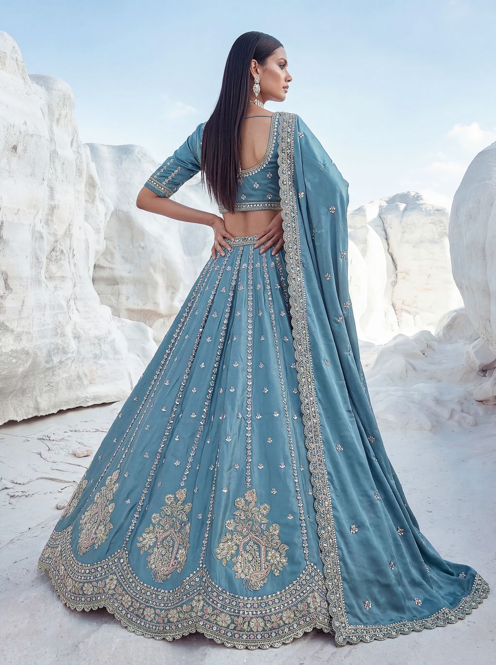 Sky Blue Pure Soft Silk Heavy Sequins Embellishment Work Bridal Lehenga Choli 