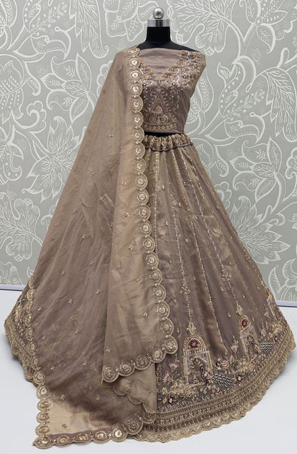 Light Brown Pure Chandnia Silk Handwork Motif Peacock Pattern Crystal Beads Multi Thread Dori &amp; Sequins Work Bridal Lehenga Choli