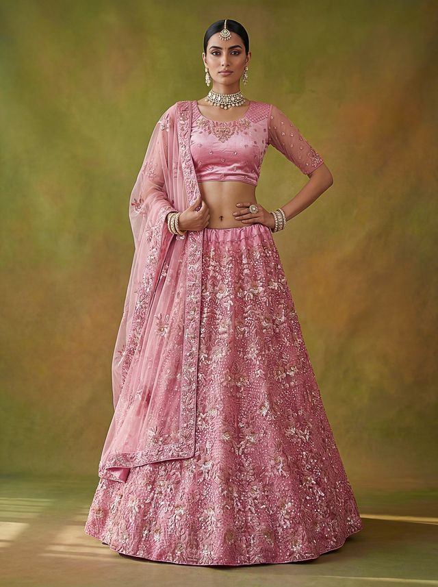 Pink Pure Soft Heavy Net Sequins Embroidery Work Bridal Lehenga Choli 