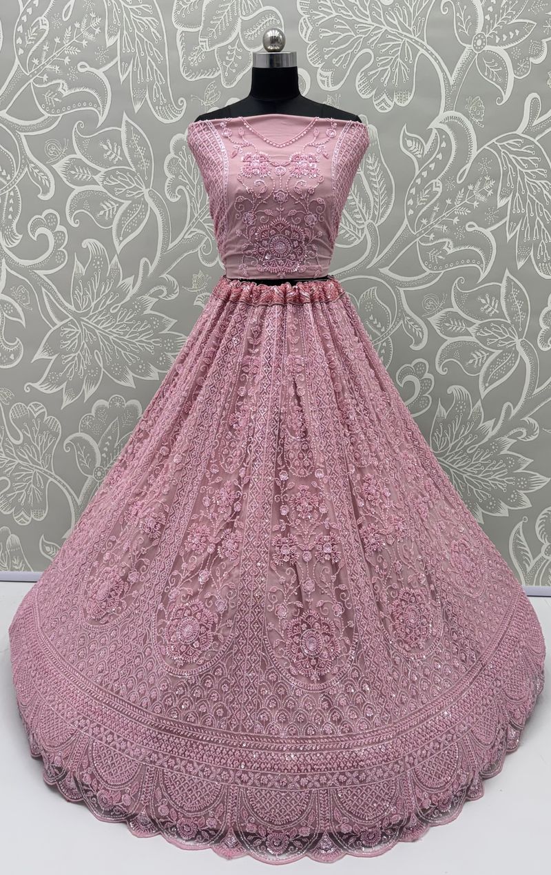 Pink Pure Heavy Net Motif Handwork Zari Sequins Work Bridal Lehenga Choli