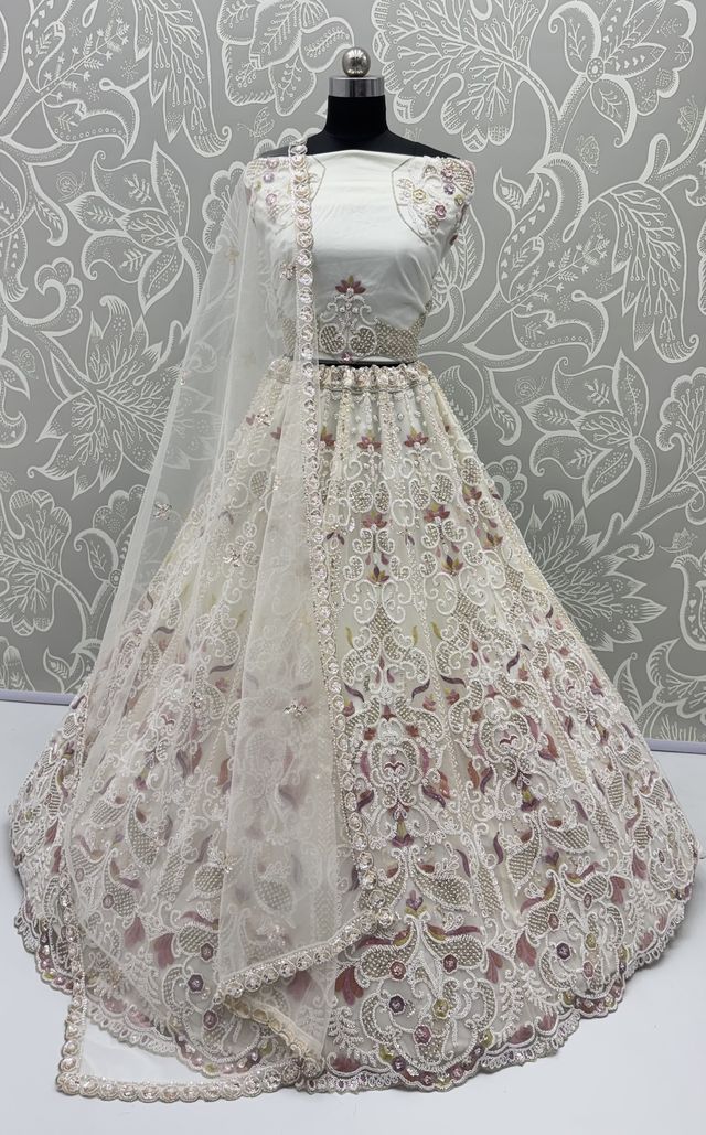 White Pure Heavy Net Motif Handwork Zari Sequins Work Bridal Lehenga Choli