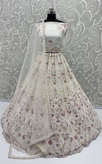 White Pure Heavy Net Motif Handwork Zari Sequins Work Bridal Lehenga Choli