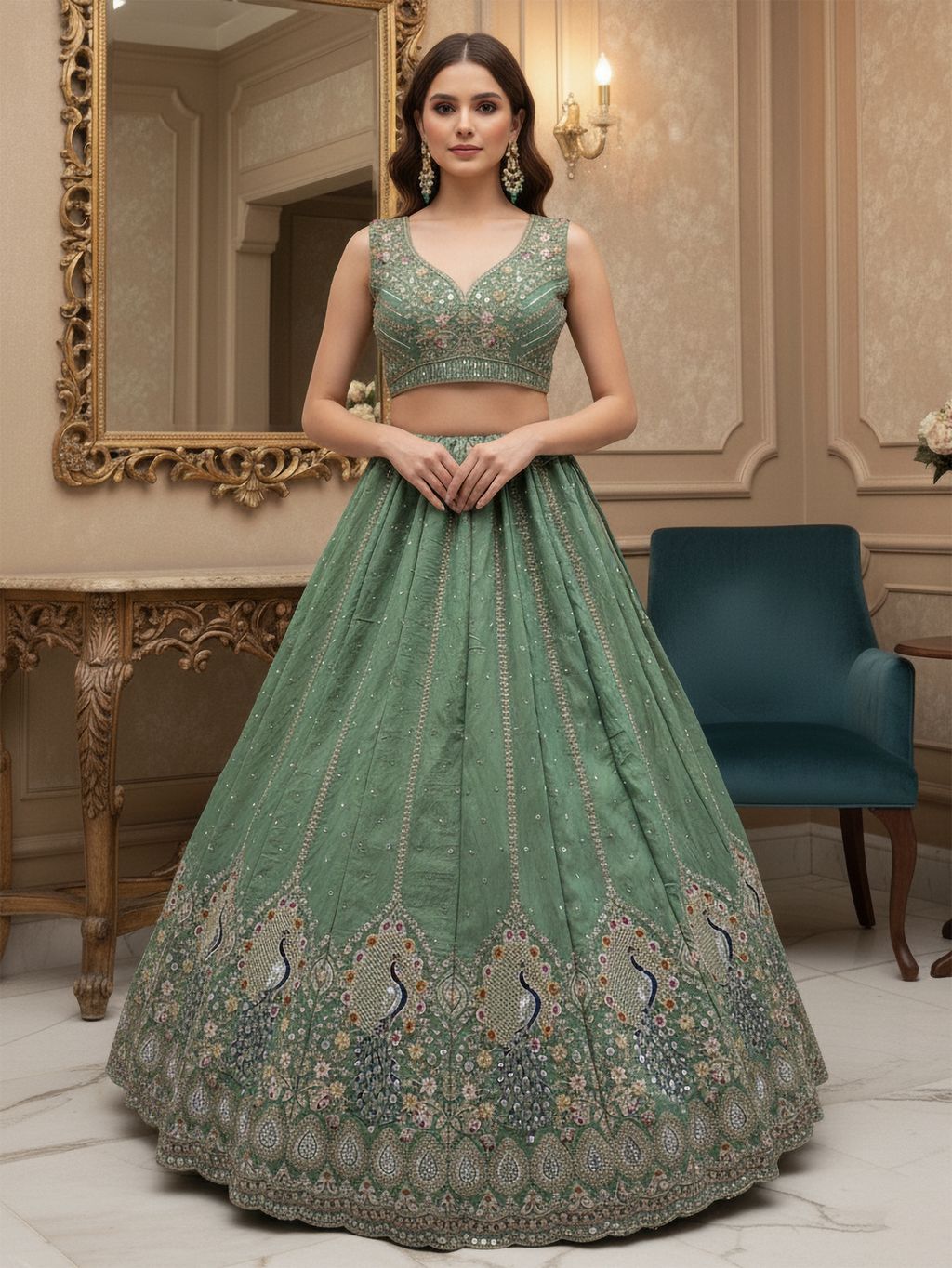 Pista Pure Soft Gadhwal Silk Heavy Embroidery Work Bridal Lehenga