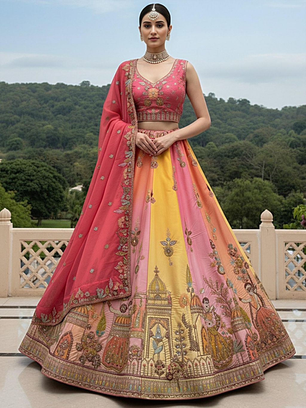 Multi Pink Pure Soft Silk Premium Bridal Lehenga Choli