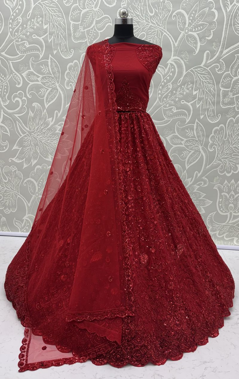 Red Pure Heavy Net Monochrome Sequins Zari Embroidery Work Net Bridal Lehenga Choli