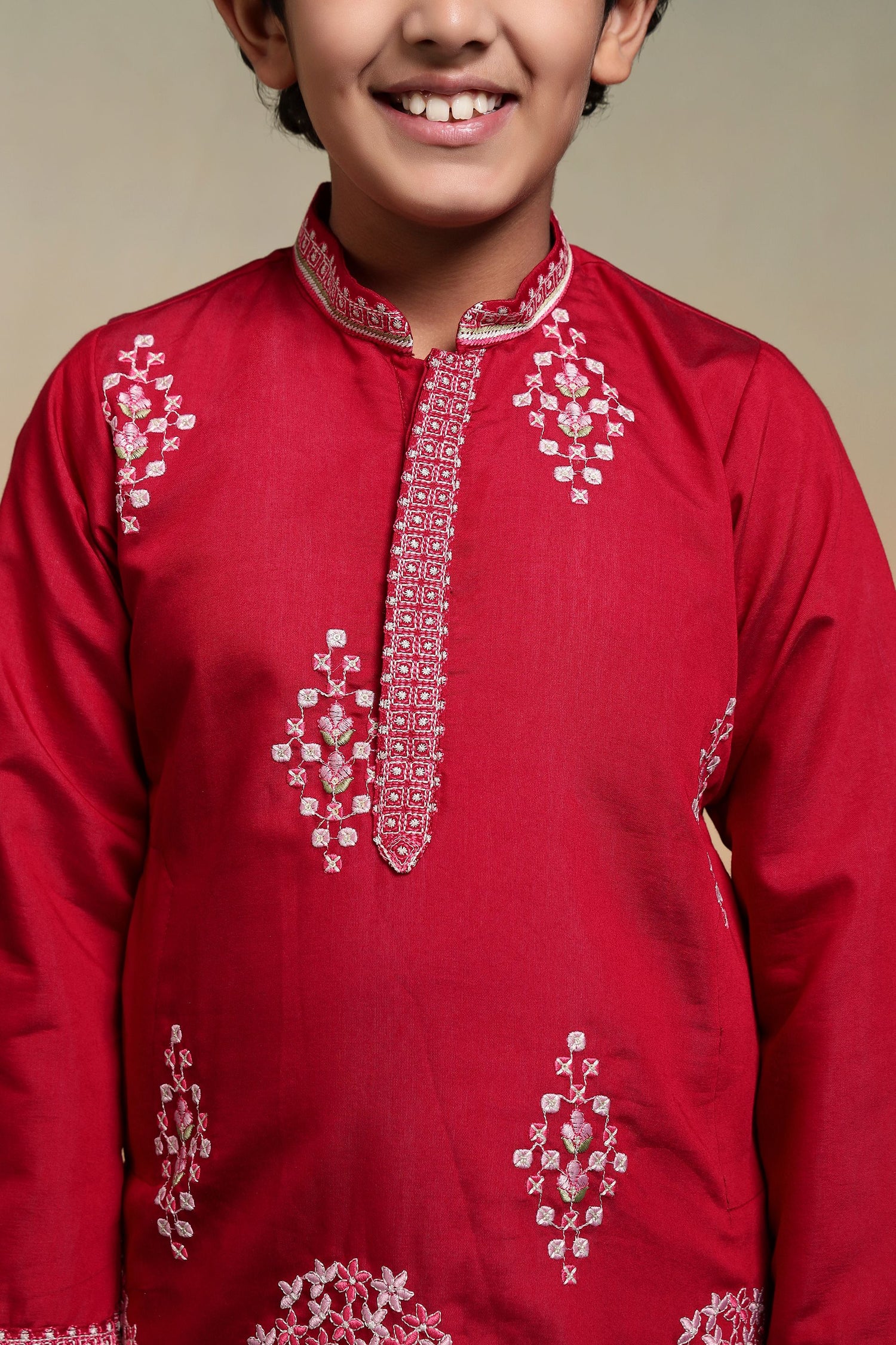 Red Pure Viscose Silk Kids Boy Kurta Pajama 