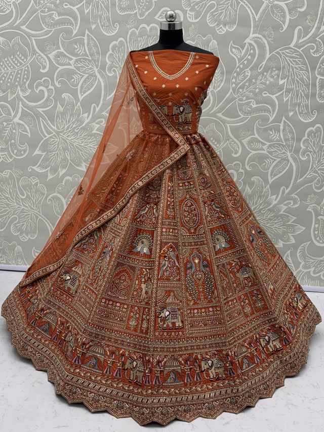Orange Pure Soft Gadwal Silk Heavy Embroidery Work Bridal Lehenga 