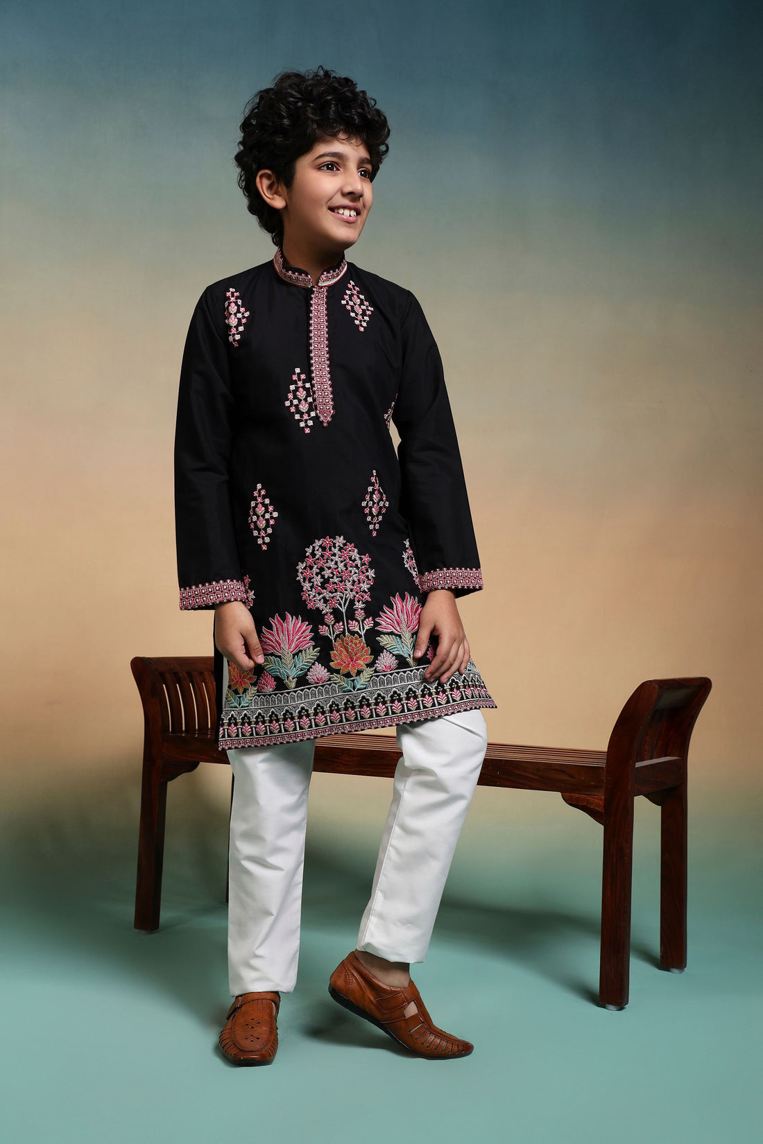 Black Pure Viscose Silk Kids Boy Kurta Pajama