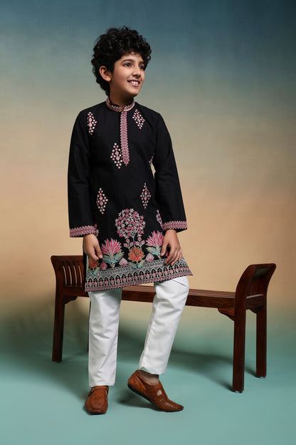 Black Pure Viscose Silk Kids Boy Kurta Pajama