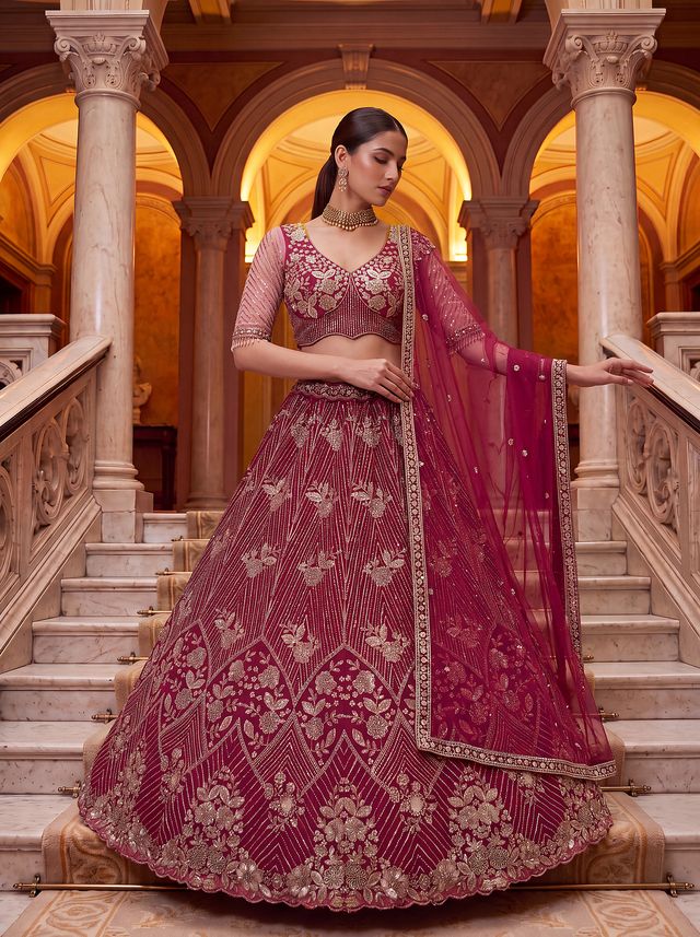 Rani Pure Heavy Net Motif Handwork Zari Sequins Work Bridal Lehenga Choli
